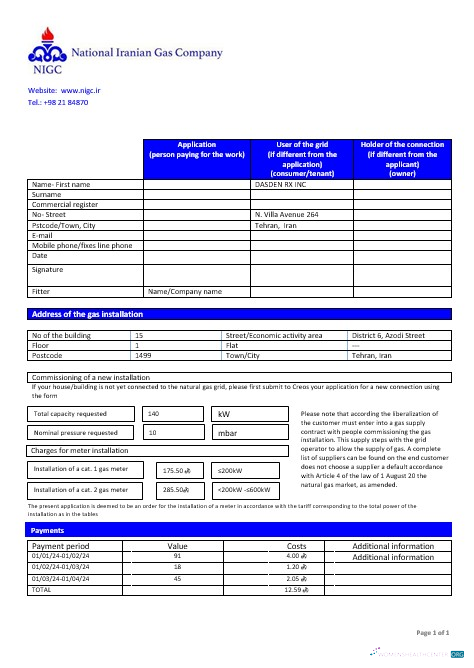 Iran National Iranian Gas Company gas business utility bill template in Word and PDF format